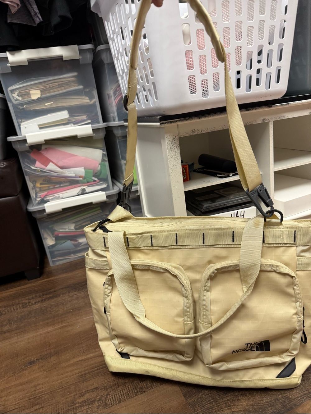 Cream color The North Face Canvas Utility Tote with Front Pockets